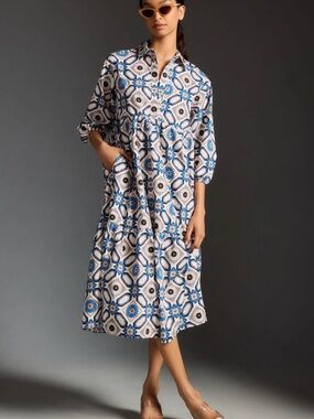Maeve Blue and White Printed Midi Shirt Dress